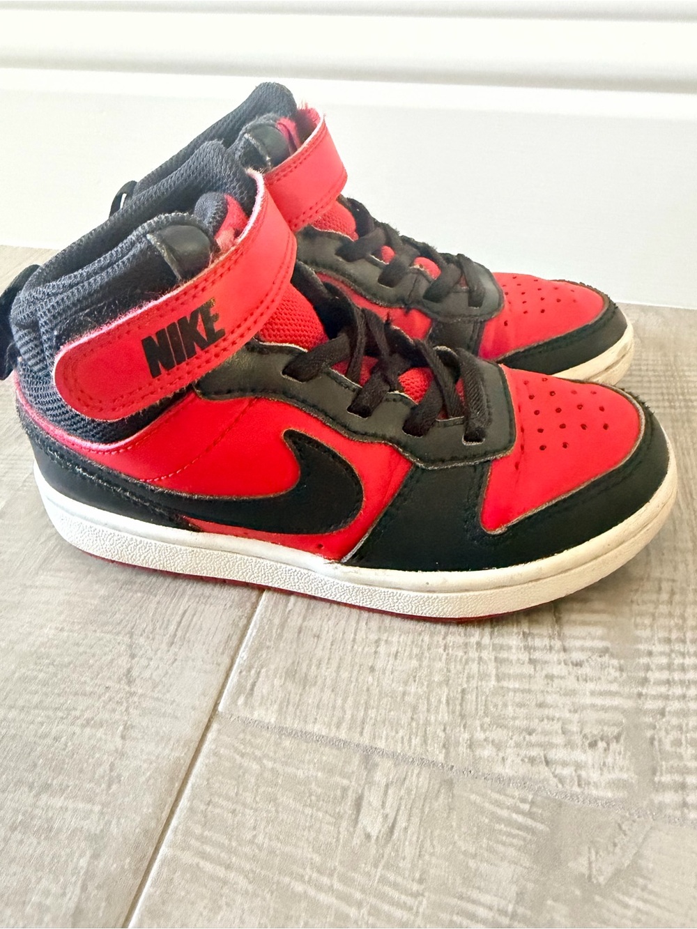 Nike Kids Red and Black High-Top Sneakers with Hook-and-Loop Strap